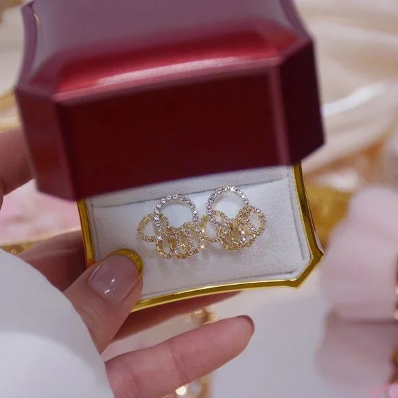 NEW 14K Gold Plated Diamond Circle Earrings - Picture 4 of 6